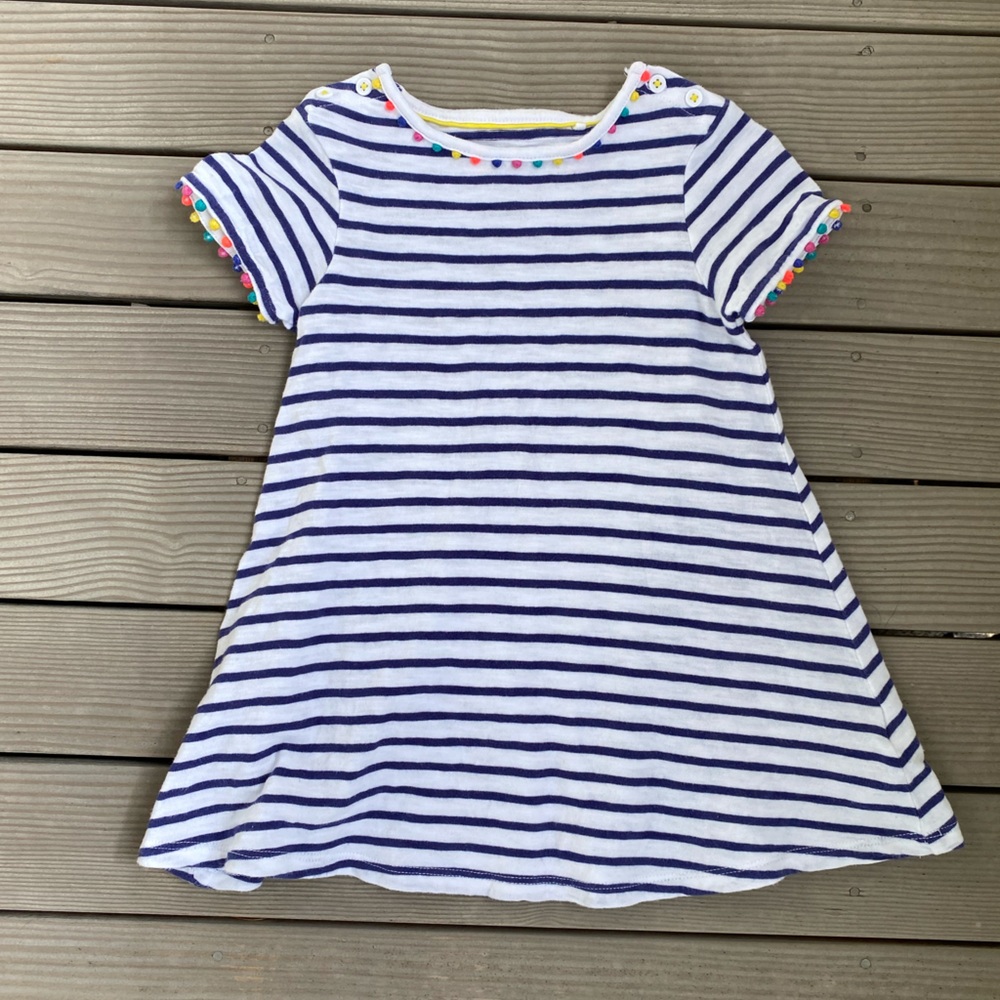 Mini Boden Striped Pom Pom Dress, Size 2-3 Years